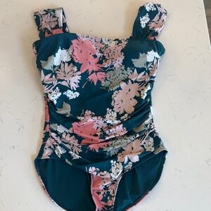 Women's Floral One-Piece Swimsuit in Teal and Pink